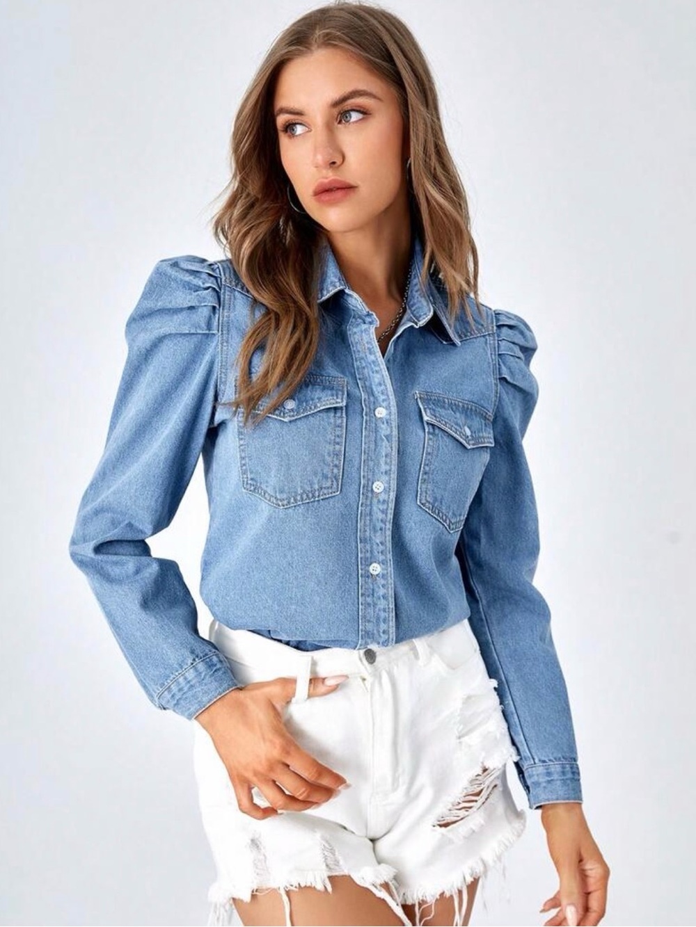 Light Blue Denim Puff-Sleeve Button-Up Shirt new without tags XS